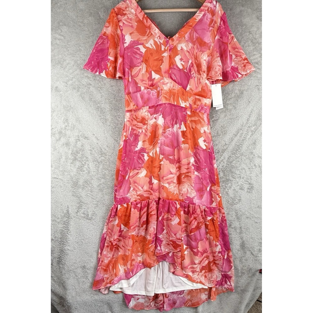 Julia Jordan High-Low Dress Womens 12 Pink Orange Floral Chiffon V-Neck NWT